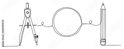 Drafting tools compass and pencil drawing circle in continuous line art style