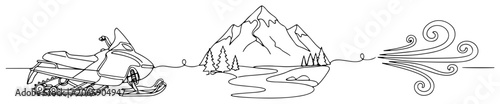 Photography Snowmobile in mountain landscape with winter wind in minimalist continuous line