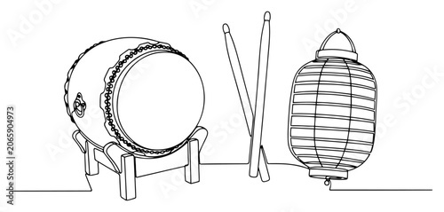 Photos Japanese taiko drum bachi sticks and paper lantern in minimalist one line drawin