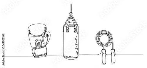 Boxing glove punching bag and jump rope in continuous line art style