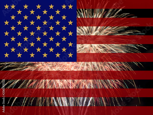 American flag overlayed with fireworks display on black isolated on transparent background png