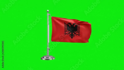 Albania National Flag Waving on Desk Pole Stand Against Green Screen Background for Global Projects