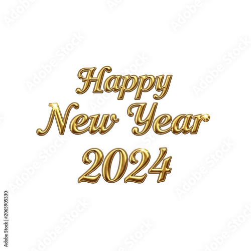 Golden happy new year 2024 text with a metallic sheen isolated on transparent background