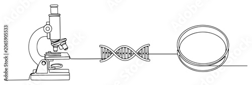 Genetic research with microscope DNA helix and petri dish in continuous line art style