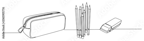 Quadro su tela Pencil case pencils and eraser for school supplies in continuous line art style
