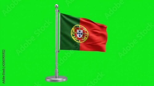 flag of Portugal National Flag Waving on Desk Pole Stand Against Green Screen Background for Global Projects