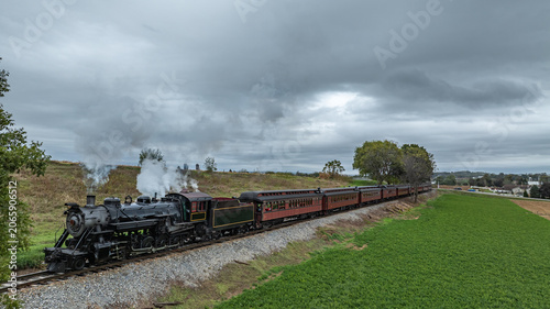 Принти на полотні A historic steam passenger train moves along railway tracks through fields of green plants