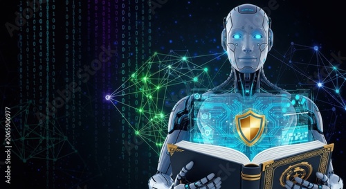 Futuristic robot holding a mystical book with glowing digital shield security concept