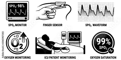 Photos ICU Pulse Oximetry Stipple Black White-Finger Sensor SpO2 Waveform Oxygen-Monito