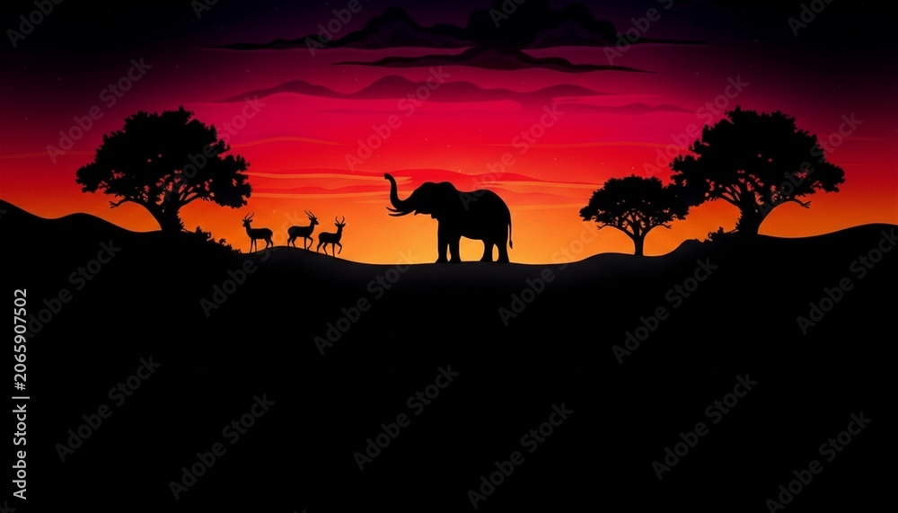 Fototapeta premium African Wildlife Silhouette Against A Dramatic Sunset Sky