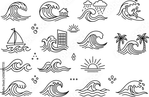 Sticker Ocean water waves vector outline icon set featuring surfing sailing tsunami stor