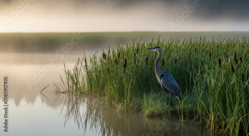 Great blue heron standing in a misty wetland at golden hour sunrise