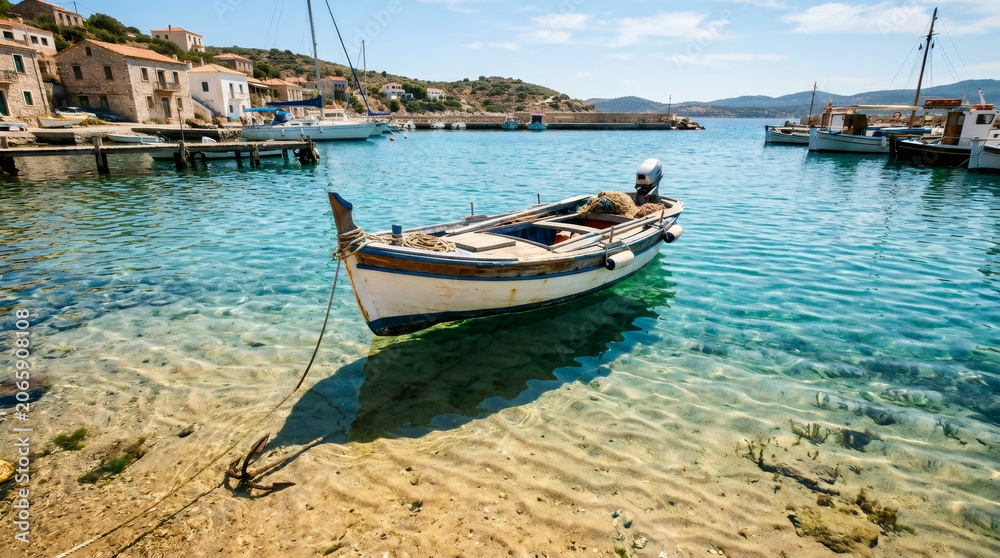 Obraz premium Small wooden fishing boat floating in crystal clear turquoise water at coastal harbor. Traditional vessel anchored in scenic Mediterranean bay. Sunny summer travel and marine vacation concept.