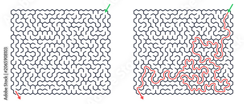 Foto Hexagon maze for kids and adults, medium difficulty printable logic game, find t