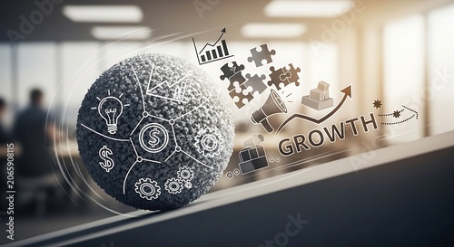 Business growth concept with globe and puzzle pieces on office desk