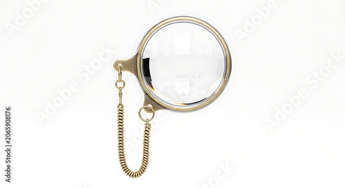 A gold magnifying glass with a chain hangs on a white wall
