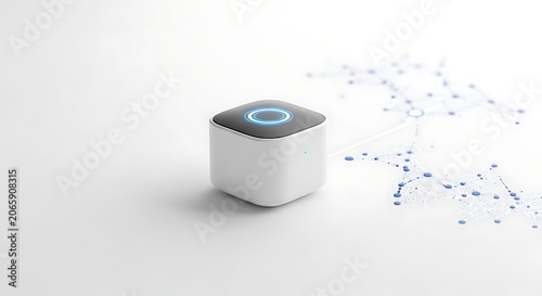 A small white cube with a blue circle on top sits on a white surface next to a network of blue dots.