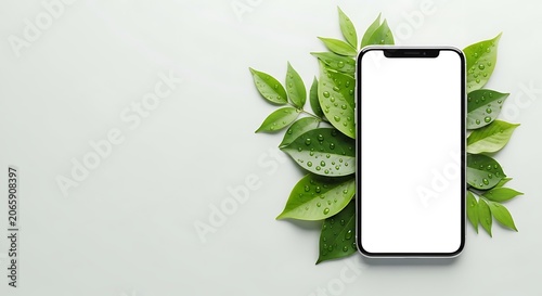 A smartphone with a blank screen surrounded by green leaves on a light surface