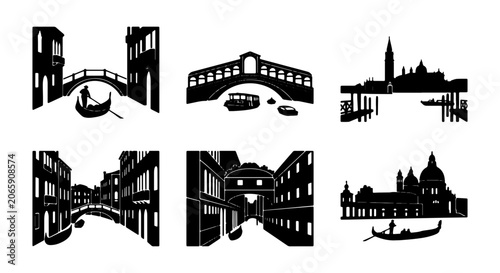 Bilde på lerret Venice Cityscape Silhouettes: Iconic Bridges, Canals, Gondolas, and Architecture