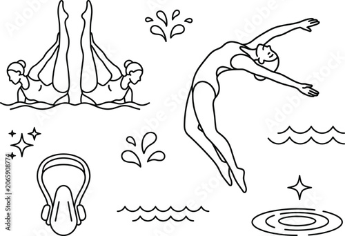 Foto Synchronized swimming vector outline icon set featuring swimmers diving water sp