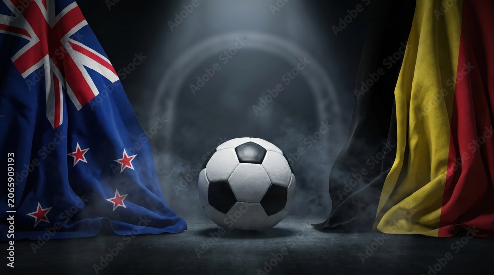 Fototapeta premium Soccer ball between new zealand and belgium flags on a dark stadium background