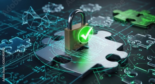 Padlock with green check mark resting on a digital puzzle piece