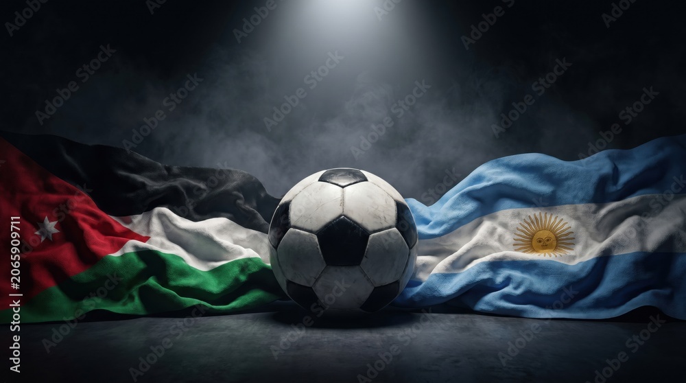 Naklejka premium Soccer ball between the flags of jordan and argentina on a dark background