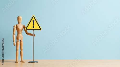 Business risk alert and performance caution concept with wooden mannequin holding exclamation sign for corporate management presentation background