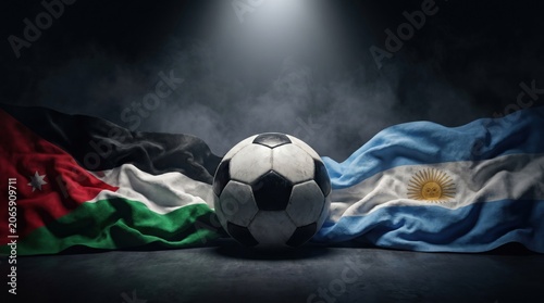 Soccer ball between the flags of jordan and argentina on a dark background