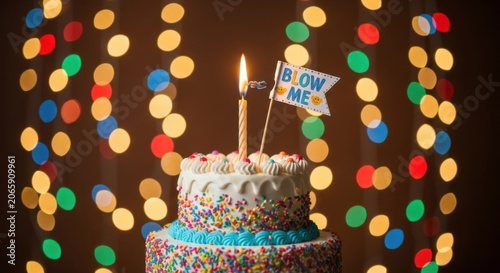 Single burning birthday candle on a delicious cake with colorful bokeh background