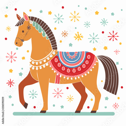 Stylized Horse Illustration with Snowflakes and Stars
