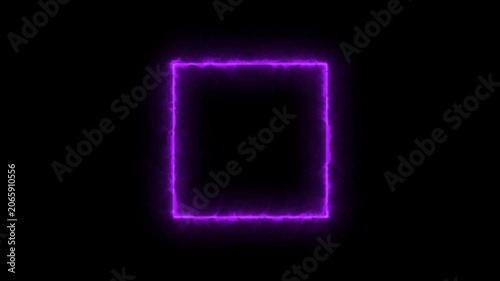 Abstract mauve neon rectangle frame animation with dynamic electrical strike, bright purple geometric lightning light effect isolated on black 4K