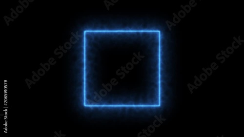 Fantasy style cyan neon square frame animation with shimmering ethereal light aura, bright blue magical geometric energy border isolated on black 4K