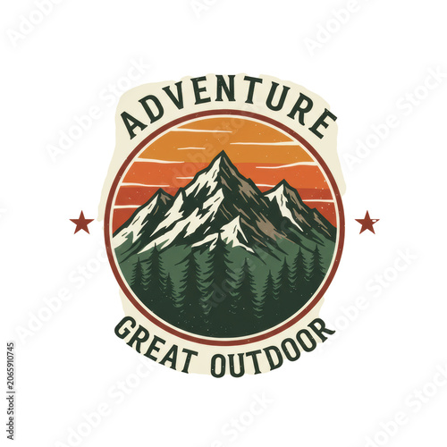 Vintage heraldic shield emblem with mountains and text 'adventure' on a cream background, distressed vector logo. Concept for outdoor brand identity