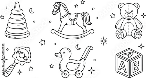 Cute baby toys icon set vector line art outline teddy bear rocking horse stack pyramid block