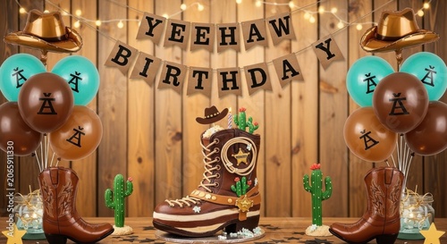 Western theme birthday party decorations with cowboy boot cake and balloons