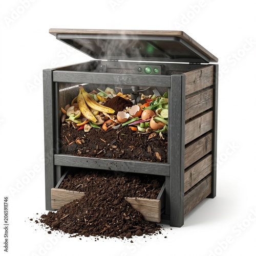 Modern compost bin filled with organic waste and producing rich soil, showing steam rising