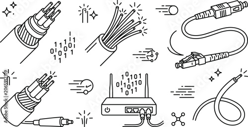 Fiber optic cable network and router icon set vector line art outline for high speed internet