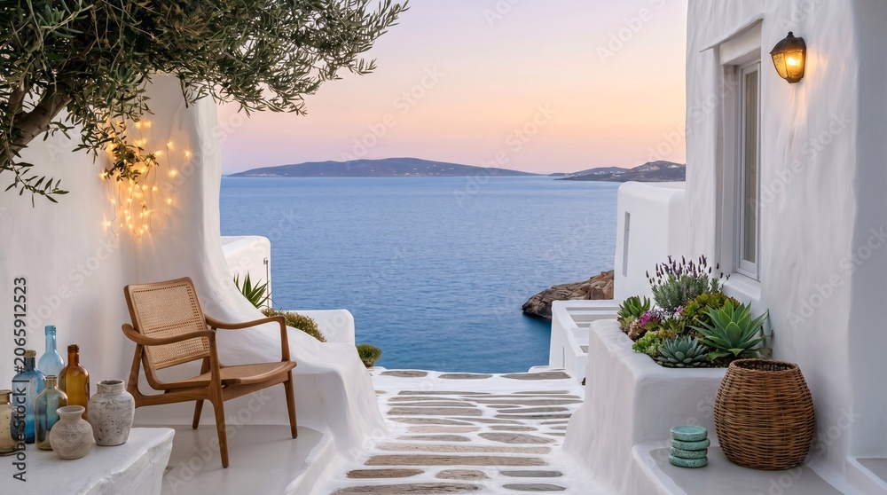 Fototapeta premium Seaside terrace with sea view at sunset