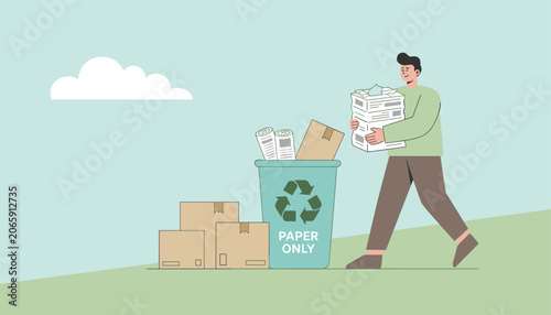 Environmentally conscious man carries a large stack of newspapers to a designated blue bin labeled paper only for recycling.