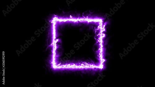 Abstract mauve neon rectangle frame animation with dynamic electrical strike, bright purple geometric lightning light effect isolated on black 4K