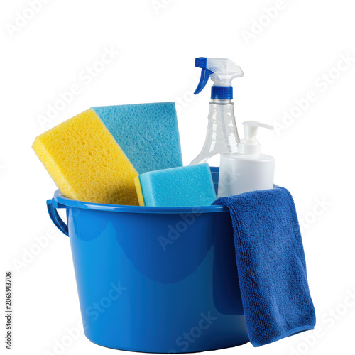 A meticulous still life of a cobalt blue cleaning bucket containing tools, highly detailed studio product photography on a stark white background, emphasizing sanitation and organization concept