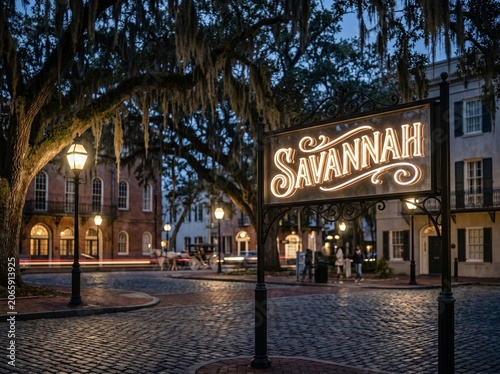 Savannah Neon Sign Historic Downtown Square at Dusk