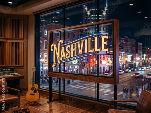 Nashville Neon Sign in Modern Urban Hotel Room