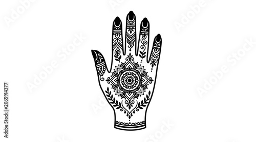 Intricate Henna Tattoo Design on Hand, Mandala Pattern, Black Ink, Isolated