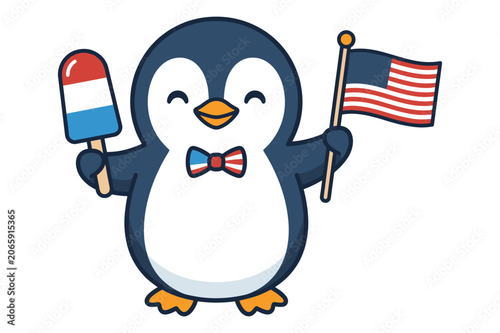 Fototapeta premium Happy penguin holding popsicle and American flag for patriotic celebration.