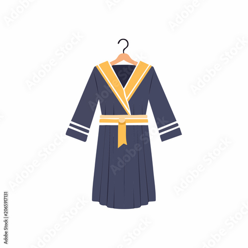 Navy Blue Robe with Yellow Trim on Hanger