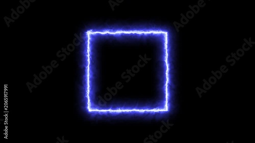 Fantasy style cyan neon square border with cosmic light distortion, abstract blue geometric rectangle frame animation isolated on black 4K