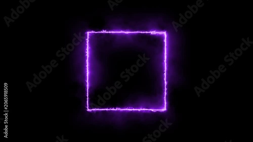 Fantasy style purple neon rectangle frame animation with shimmering cosmic haze, bright violet magical geometric border line isolated on black 4K