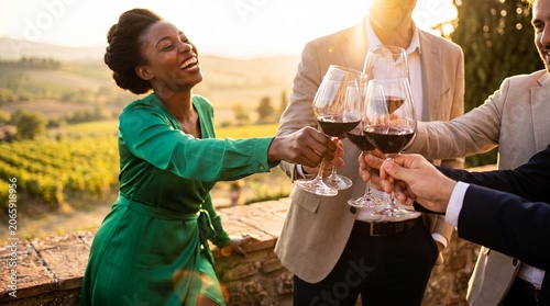 Business team cheering with red wine at vineyard sunset.